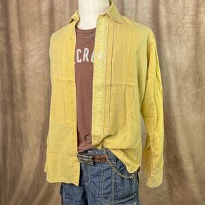Vintage 70s Lace Front Tuxedo Shirt Pleated Long Sleeve Yellow Retro Disco